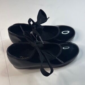 Theatricals "Tap Star" Ribbon Tie Tap Shoes Black Patent Girls 9 1/2 M NEW